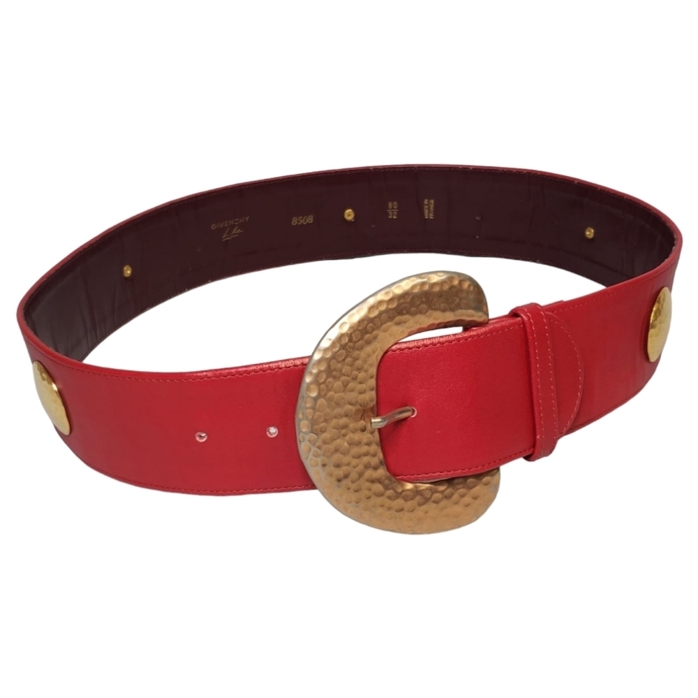 GIVENCHY Red Leather Gold Studded Belt 80/ 32 Made in France